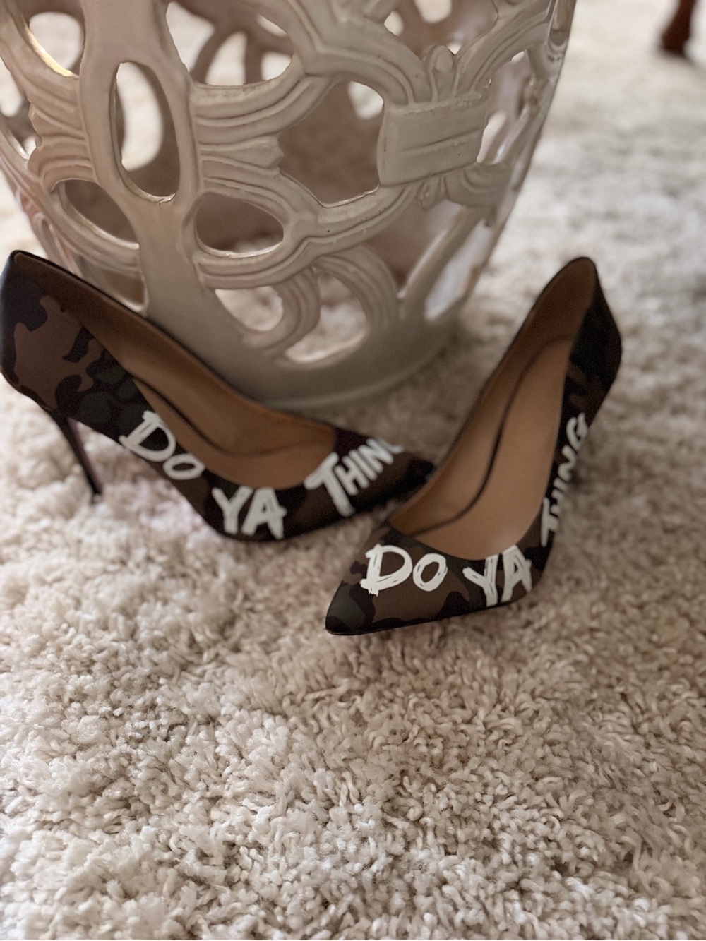Aldo Camouflage Pointed-Toe Stiletto Pumps with White Script